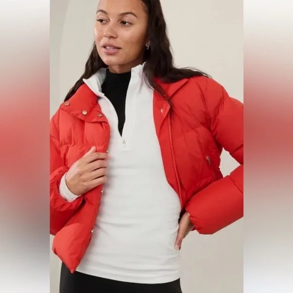 Athleta Summit Cropped Down Puffer Coat - Cardinal Red / Orange - Size XL - NWOT - Picture 3 of 6
